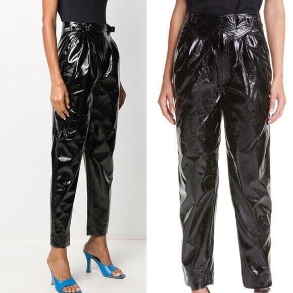 ROTATE BIRGER CHRISTENSEN Women 6 Wilde Trousers Black High Waist Patent Leather - Picture 1 of 10